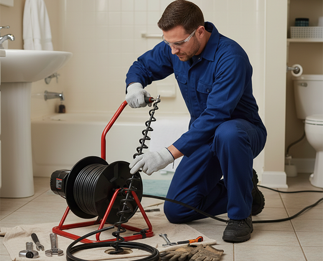 Professional drain snaking service clearing clogged drain with rooter equipment