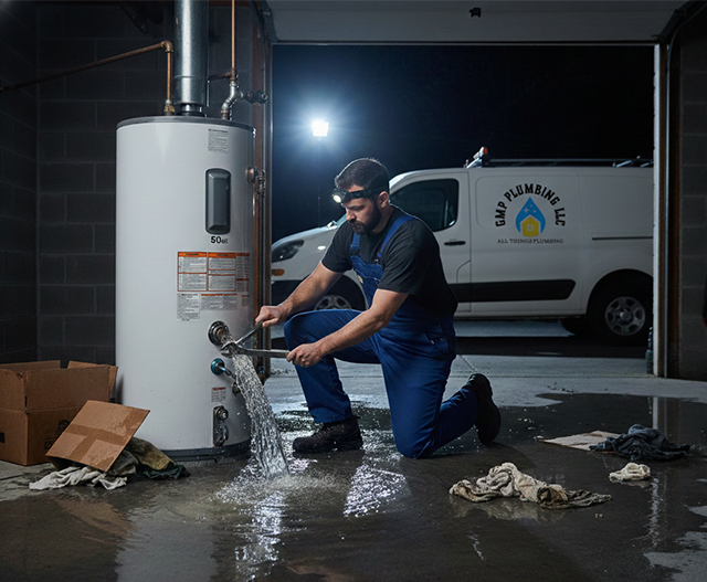 Emergency water heater repair service fixing leaking tank during 24-hour service call