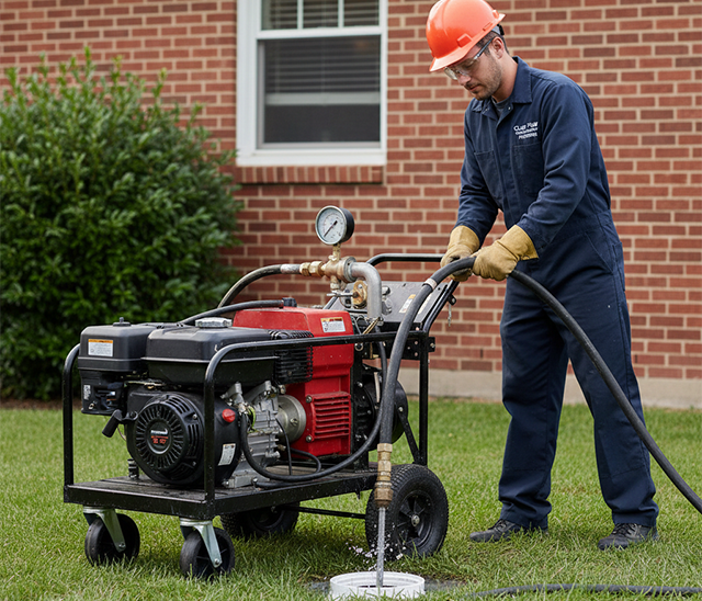 Professional hydro-jetting service clearing sewer line blockage with high-pressure water equipment