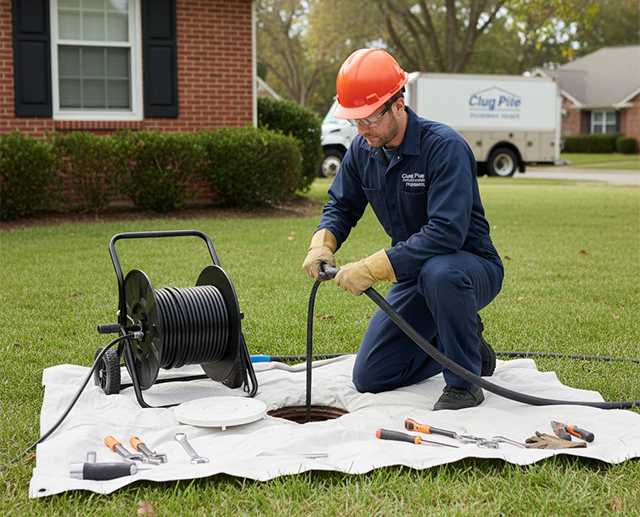 Main sewer line cleaning service clearing blockage at outdoor cleanout access point