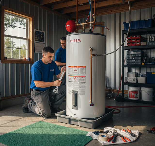 Professional tank water heater installation with gas line and pipe connections