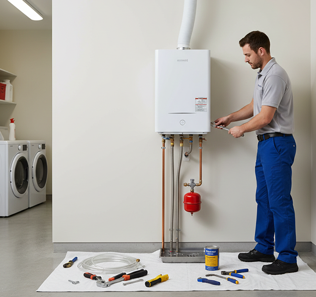 Tankless water heater installation showing wall-mounted unit with professional pipe connections