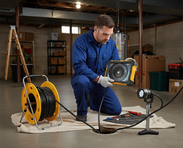 Sewer camera video pipe inspection showing drain line condition on monitor screen