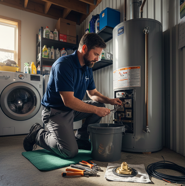 Professional water heater repair service replacing heating element and thermostat