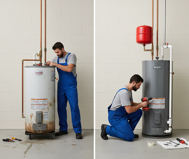 Water heater replacement service installing new energy-efficient tank system